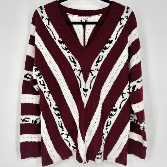 Andree by Unit Burgundy Striped Animal Print V-neck Sweater Size L - Picture 2 of 5